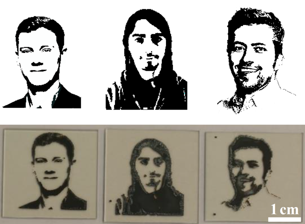 Figure: Demonstration of freedom of choice of printing patterns on millimeter scale by inkjet printing: Digital image files (a) of portraits of some of the researchers at Karlsruhe Institute of Technology (from left to right: Helge Eggers, Fabian Schack