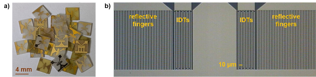Left: tiny components, right: enlarged view with circuits and labelling.